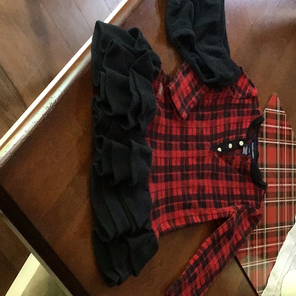 Little girl plaid dress with attached low ruffled hem and matching panty